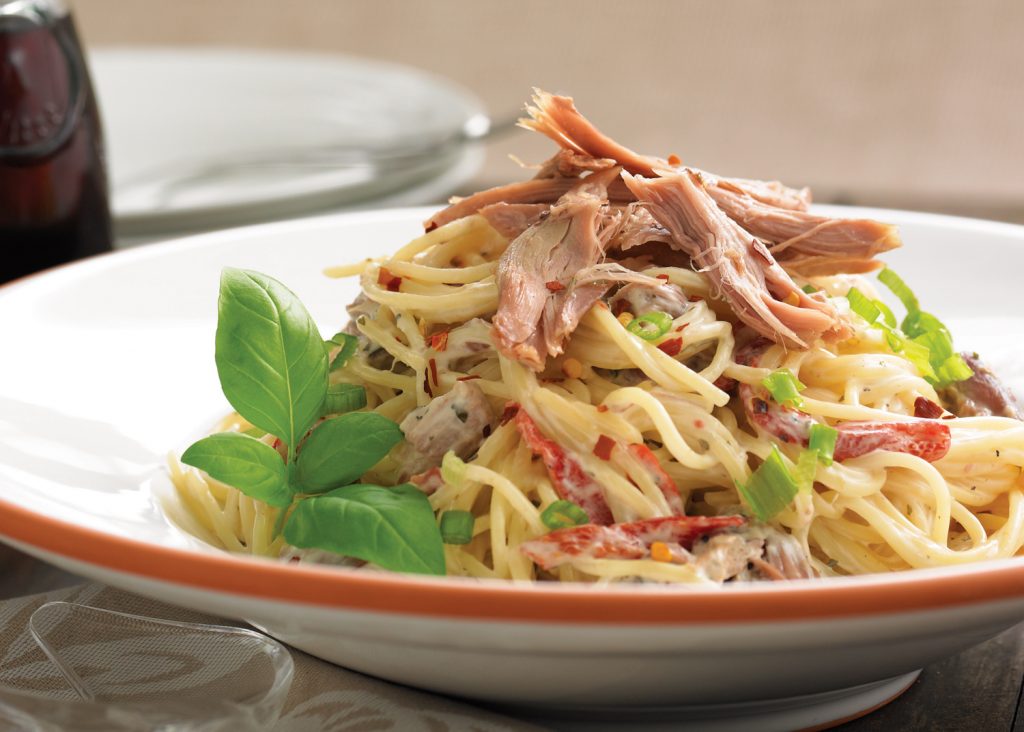 Spaghettis crémeux au canard confit